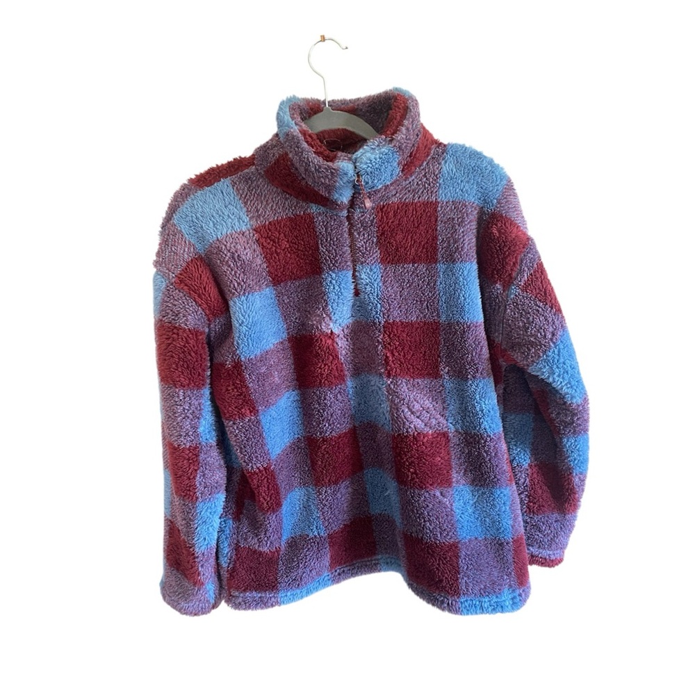 Eddie Bauer Womens Blue Red Check Long Sleeve Quarter-Zip Fleece Jacket Size‎ L